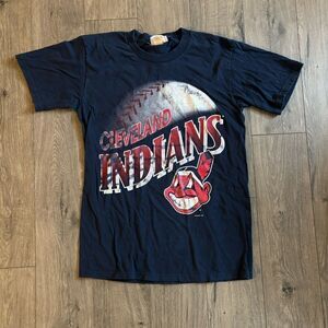 Vintage 90’s Cleveland Indians Chief Wahoo‎ Logo Navy Blue T Shirt Size Medium